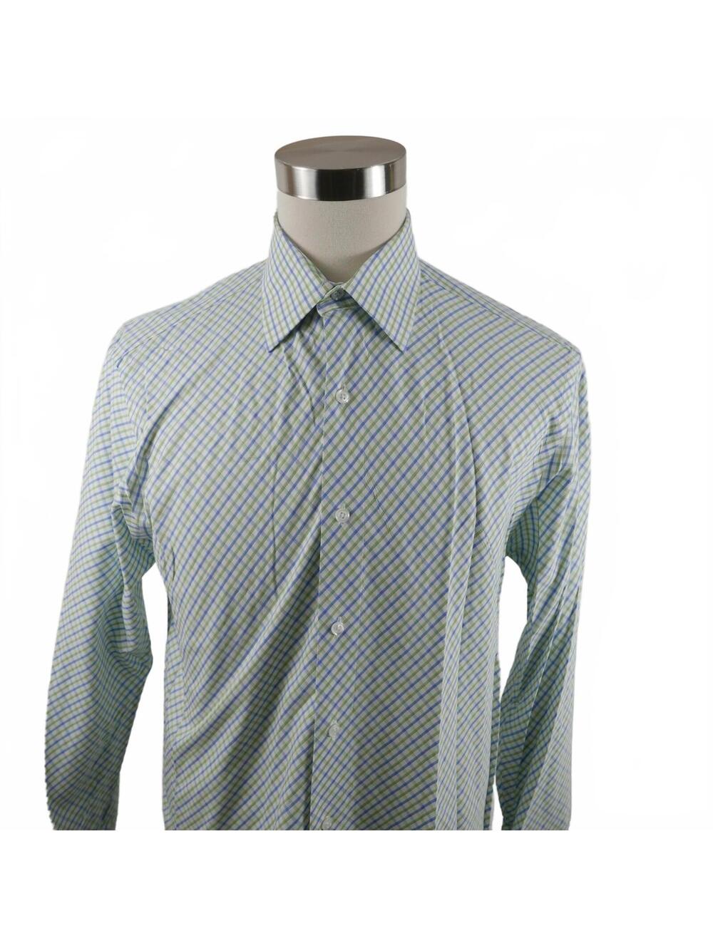 Linea Dome Chemise Mens Button Up Green Blue Plaid Shirt M 15.5-16